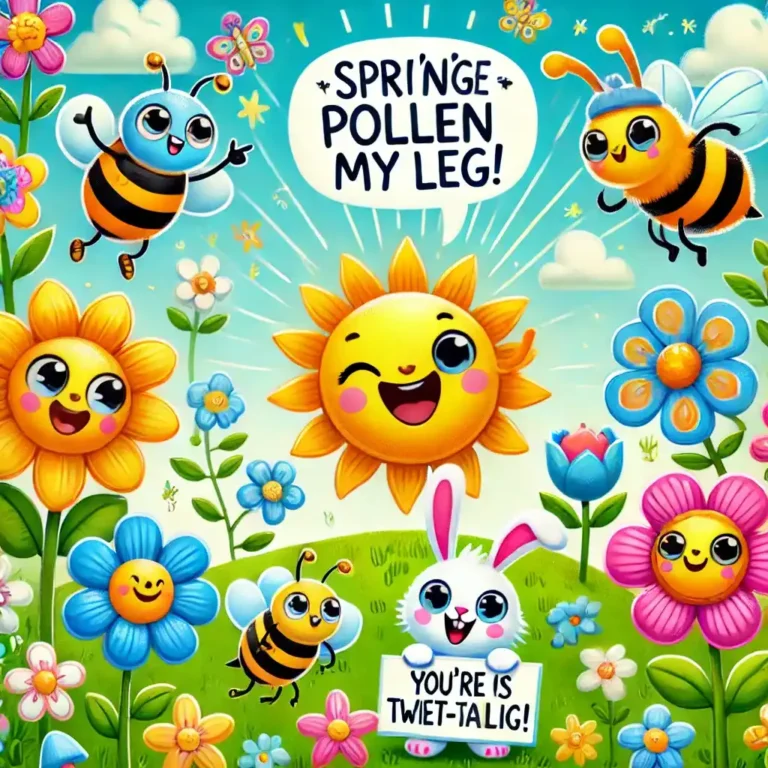 A cheerful spring-themed illustration featuring vibrant flowers, green grass, and a bright blue sky. - Spring Jokes