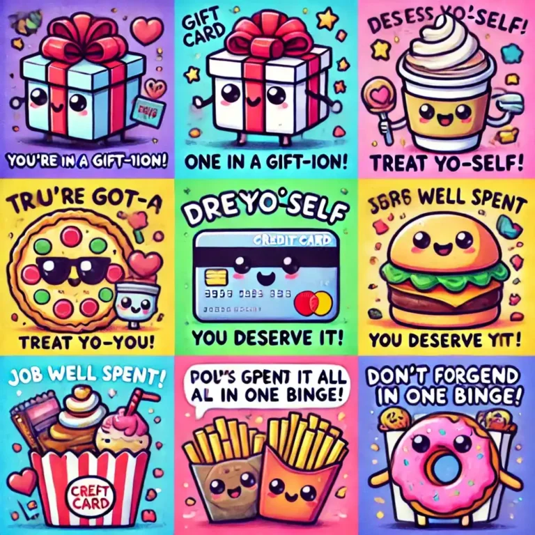 A colorful, playful image featuring gift card puns with cute doodles. - Gift Card Puns