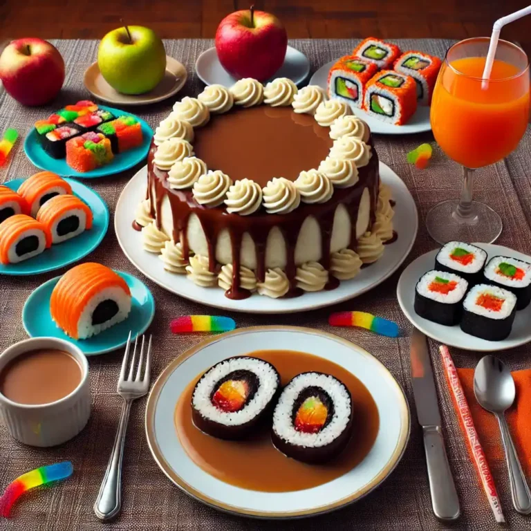 A dinner table set with playful April Fools' Day food pranks. - April Fools Jokes for Family
