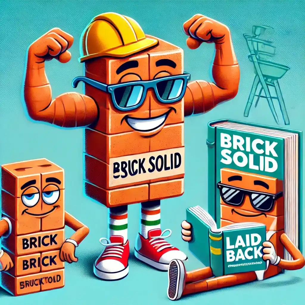 A playful cartoon-style image featuring anthropomorphized bricks with funny expressions and engaging in humorous activities. One brick is flexing with - Brick Puns