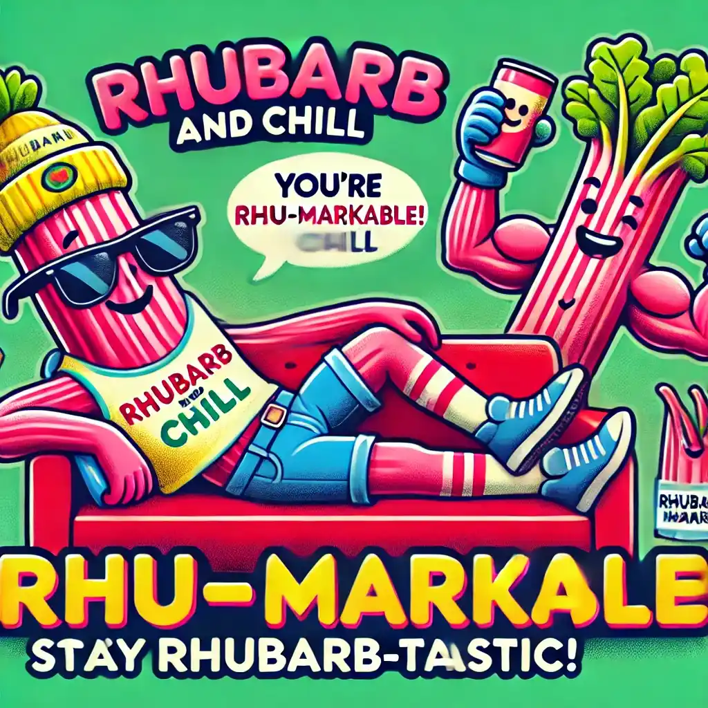 A vibrant cartoon-style illustration featuring playful rhubarb characters with funny puns. - Rhubarb Puns